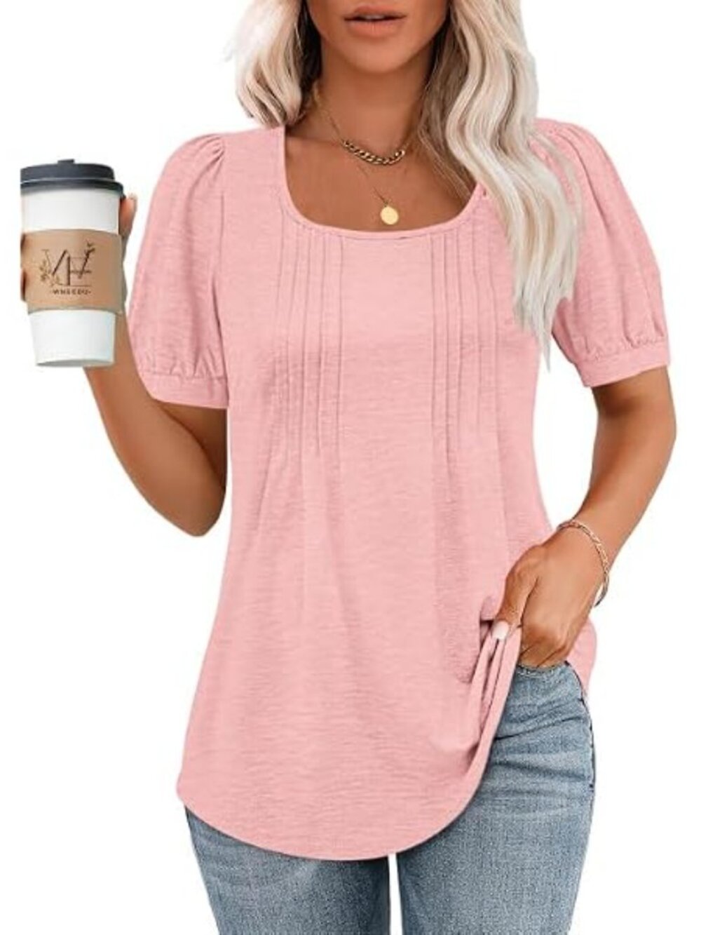 Short Sleeve Shirts Pleated Front Peach Blouse